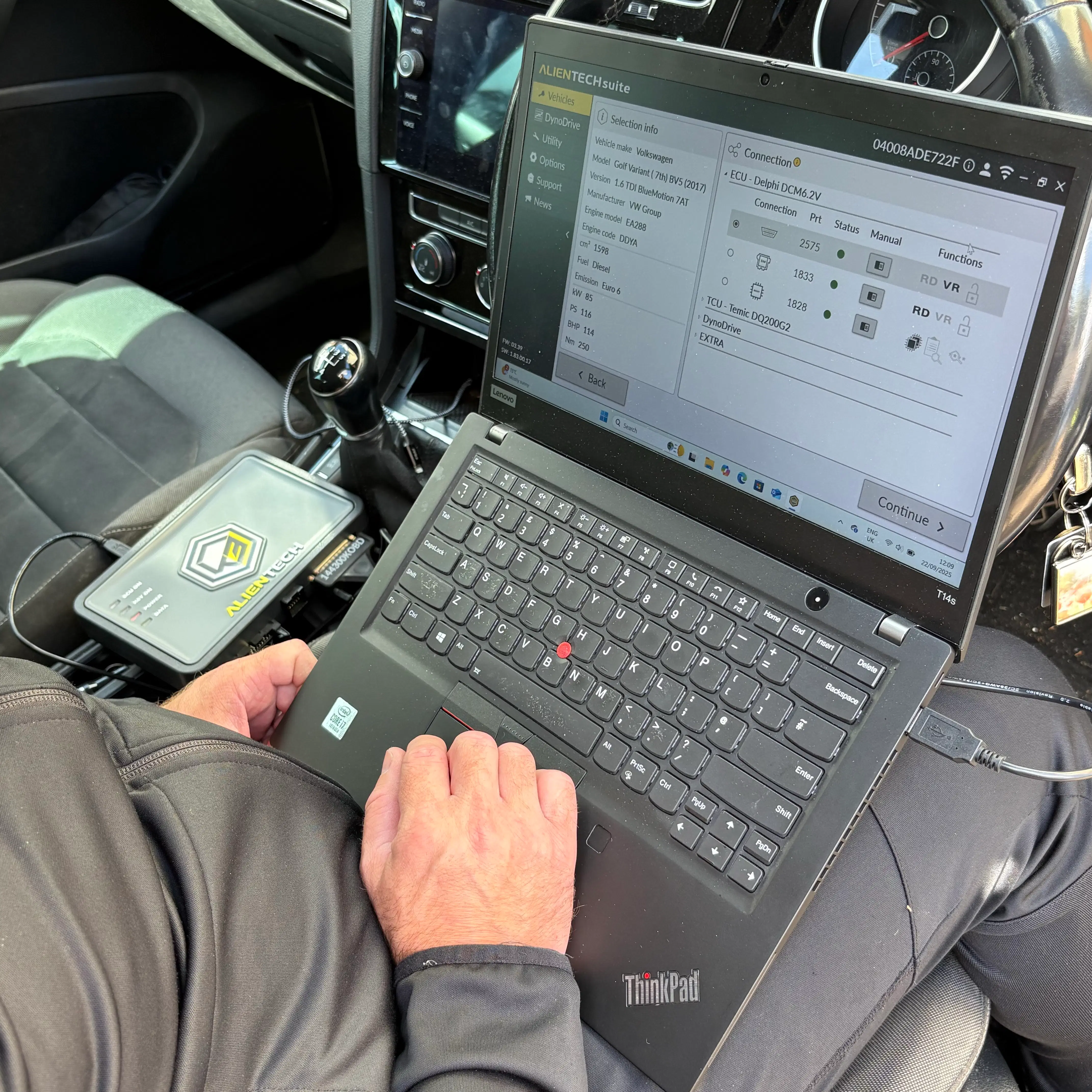 Alientech software display connected inside a vehicle during an ECU remapping session