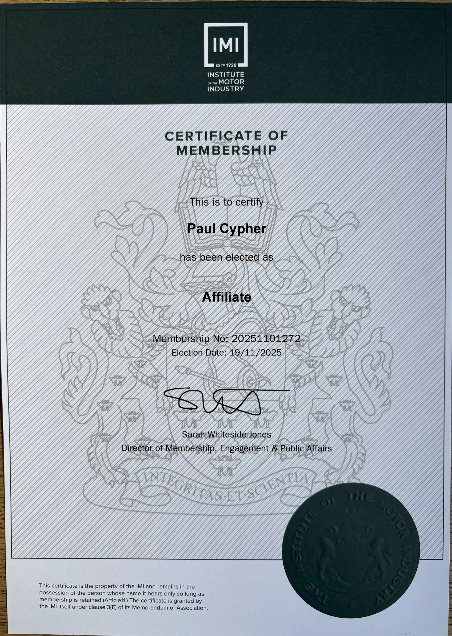 Paul Cypher's IMI certification as an ECU remapping specialist