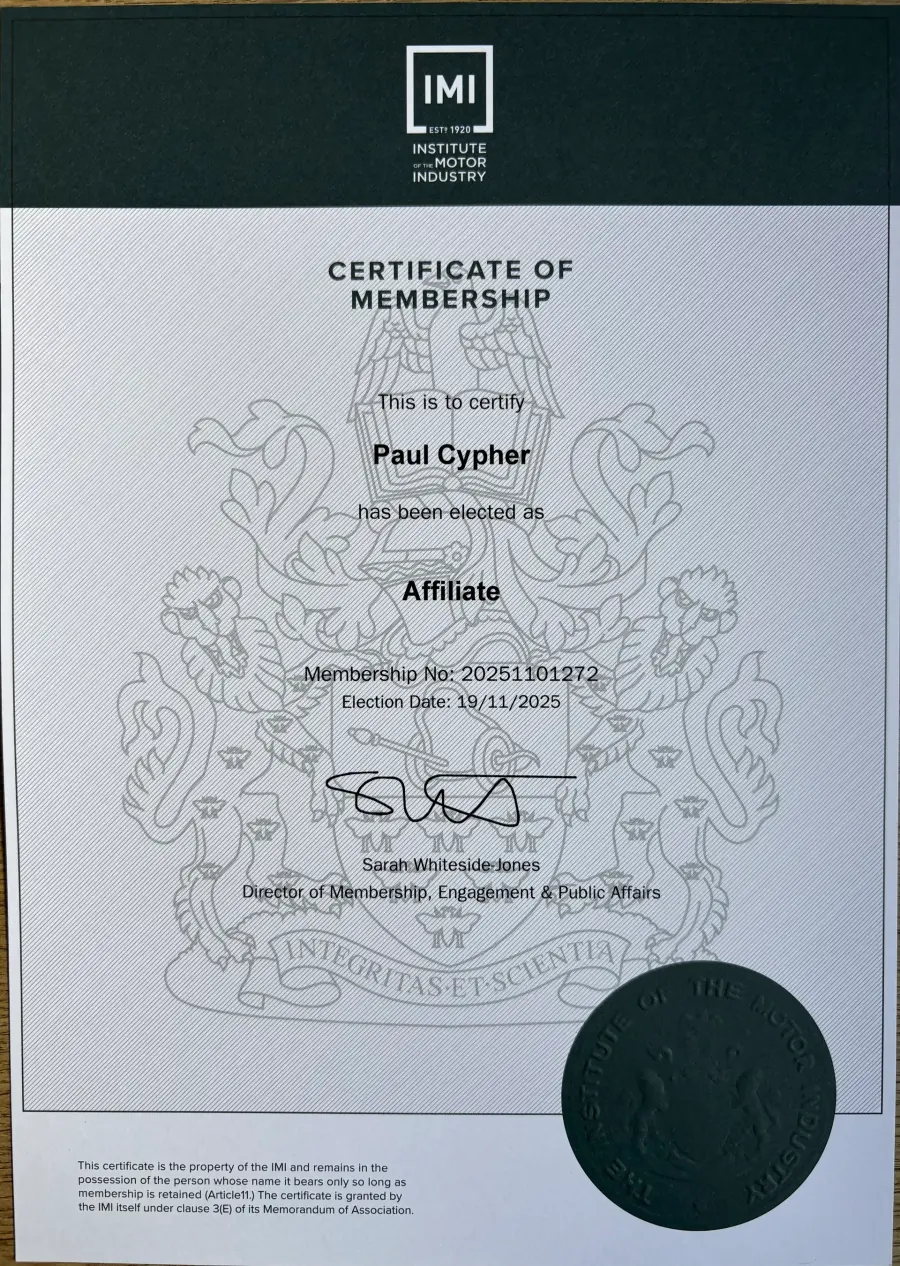 Paul Cypher's IMI certification as an ECU remapping specialist